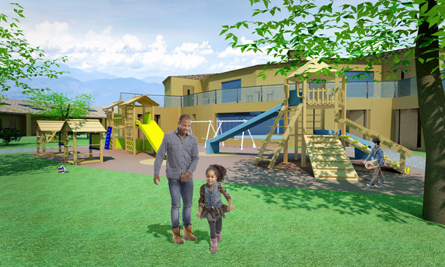 One Community Final Render, Straw Bale Village, Outdoor Play Area Looking Northeast, regenerative community building