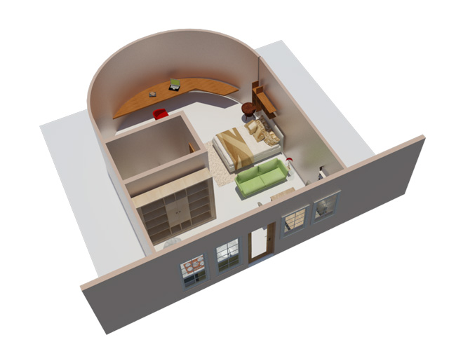One Community Recycled Materials Village final render, Bedroom perspective
