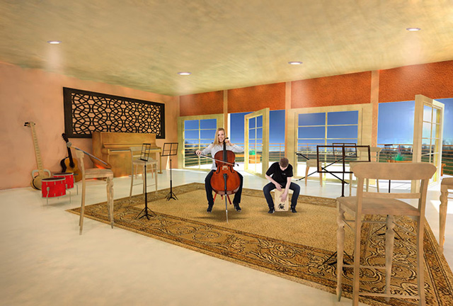 Recycled Materials Village Music Room, final render, One Community