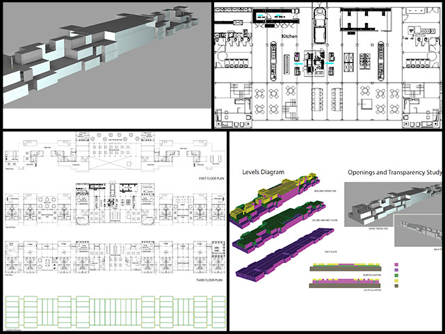 Samantha and Flávia from the Architecture and Planning Intern Team worked on a third redesign of the layout of the containers for three floors of the Shipping Container Village (Pod 5). The new proposal you see here provides more space for living units, the industrial kitchen, and dining, as well as a better exterior appearance while keeping the desirable “staggered” facade with the bathrooms and plumbing aligned at all levels.