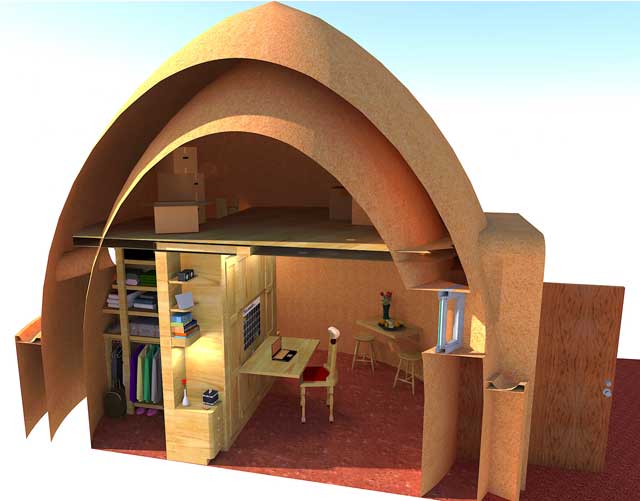 In addition to this, and working on the Earthbag Village, we updated this cutaway view of the Murphy bed inside one of the dome with added storage boxes in the loft, updating the desk chair, and adjusting the section cut view: