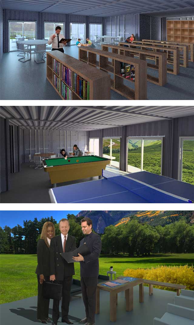  Guy Grossfeld (Graphic Designer) also continued with his 5th week of photoshop work on the renders for the Shipping Container Village (Pod 5). Here you see the initial versions of the library, game room, and outdoor meeting space:, comprehensive ecological architecture