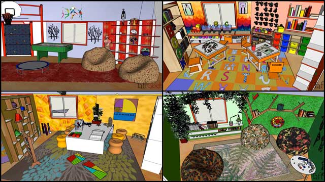 And the core team continued creation of the renders for The Ultimate Classroom, adding subject-related items to the red (Health/Nutrition) room, orange (English) room, yellow (Math) room, and green (Science) room.