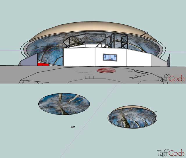 We also began working on the renders for the Ultimate Classroom projection dome feature. This included learning how to map photo textures to curved surfaces by watching the “Google SketchUp For Dummies“ video (created by Aidan Chopra) and applying what we learned to place a projected image for the Ultimate Classroom dome ceiling, as shown here.