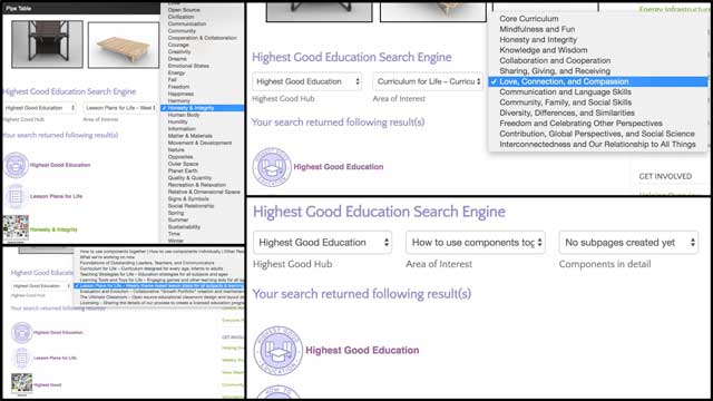 Ashwin Patil (Web Developer) also completed the search engine functionality for the Highest Good education component. You can see a collage of this new functionality here.