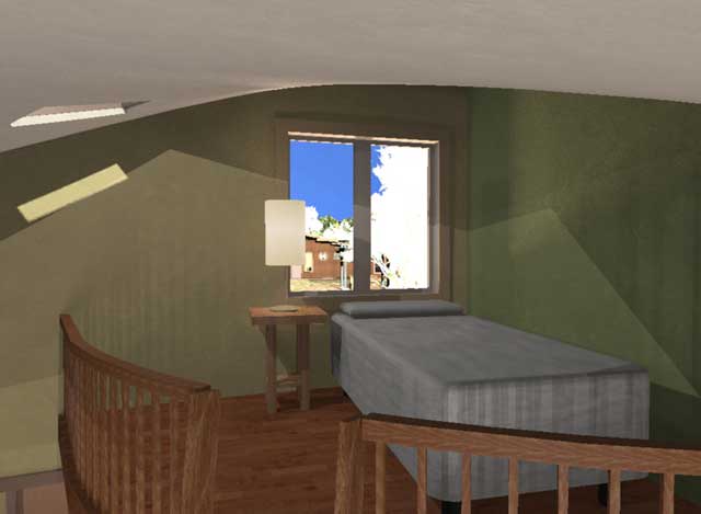 Cob Village test render, loft view looking North