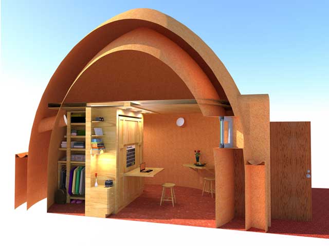 Also related to the Earthbag Village, we created this cutaway view of the Murphy bed inside one of the domes. To create this we added lights, items for the closet, side tables, and stools inside the dome.