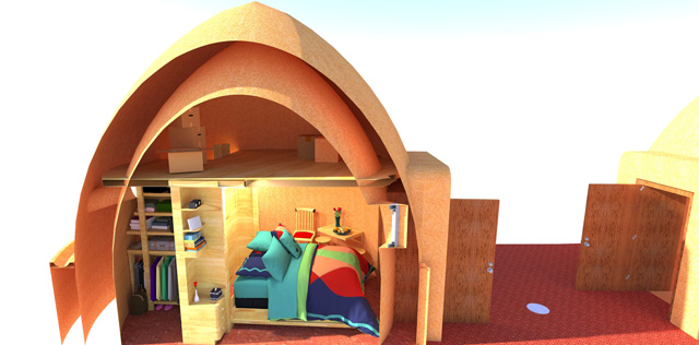 In addition to this, and working on the Earthbag Village, we updated this final open-bed view of the Murphy bed inside one of the domes: