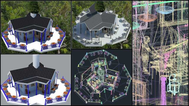Guy Grossfeld (Graphic Designer) began helping with the Tree House Village (Pod 7) renders and layouts with some initial color changes, a new AutoCAD export, and background testing, as shown here: