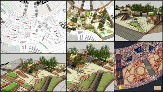 Aparna Tandon (Architect) continued her work on the Compressed Earth Block Village external elements. What you see here is her 25th week of work, focusing on further 3D visualizations and development of Zone 9 exercise spaces, raised planters, climbing bridges, and seating areas, as shown here.