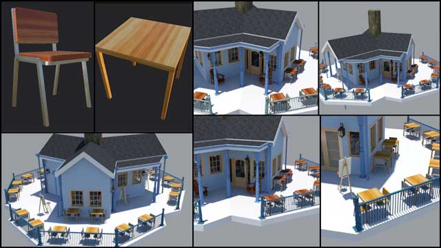 And Guy Grossfeld (Graphic Designer) continued helping with the updates to the Tree House Village (Pod 7) furniture and building textures, as shown here: