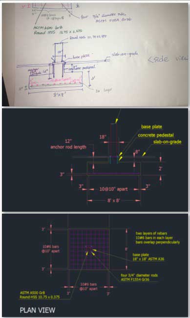 This week the core team took the hand drawings from Jin Yu (Structural Engineering Designer) and converted them into the version 1.0 AutoCAD drawings shown here.