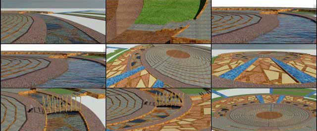 Hamilton Mateca (AutoCAD and Revit Drafter and Designer) also finished his 43rd week helping with the Compressed Earth Block Village (Pod 4) design and render details. This week's focus was continued work on the landscaping elevation, textures, and layout details around the meditation labyrinth, as shown here.