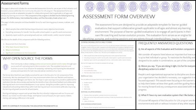 This week, the core team continued adding to the education Evaluation and Evolution process open source pages and tutorials. This week we created the formatting and began entering the content for the Assessment Forms page, as you can see here.