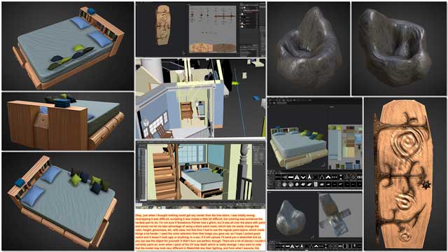 Samantha Robinson (Graphic Designer) completed her 15th week working on the interior renders for the living structures in the Tree House Village (Pod 7). This week’s focus, as shown here, was more unwrapping and texturing of the bed, door, and bean bag elements.