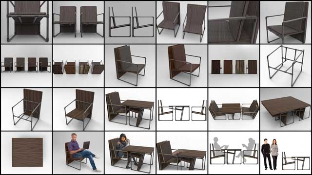 Iris Hsu (Industrial Designer), continued developing and evolving the Pipe Furniture designs. What you see here are the second series of renders for the final structural design for the chairs for the Duplicable City Center library. These renders show these designs with darker wood tones and galvanized pipe. You can also start to see what these chairs will look like when in use.