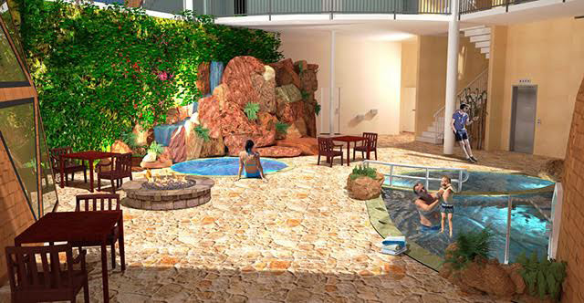 Duplicable City Center, county approved plan, 100% off grid energy power, wading pool, One Community, eco pool concept, Inside Court Looking East, eco-pool concept render