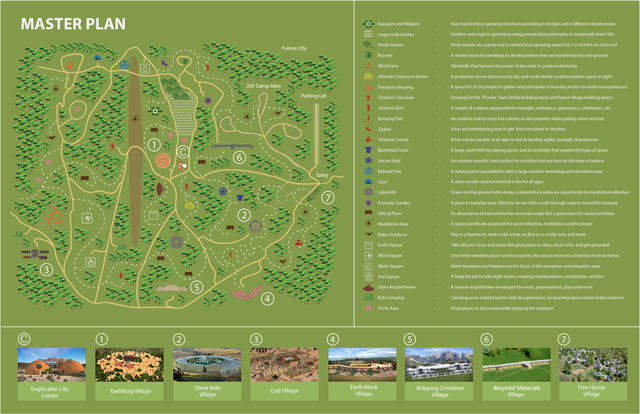 One Community Master Plan, One Community Overview, One Community property, Highest Good living, eco-tourism, One Community camping, open source global change, teacher/demonstration villages, earthbag village, straw bale village, cob village, earth block village, shipping container village, tree house village 