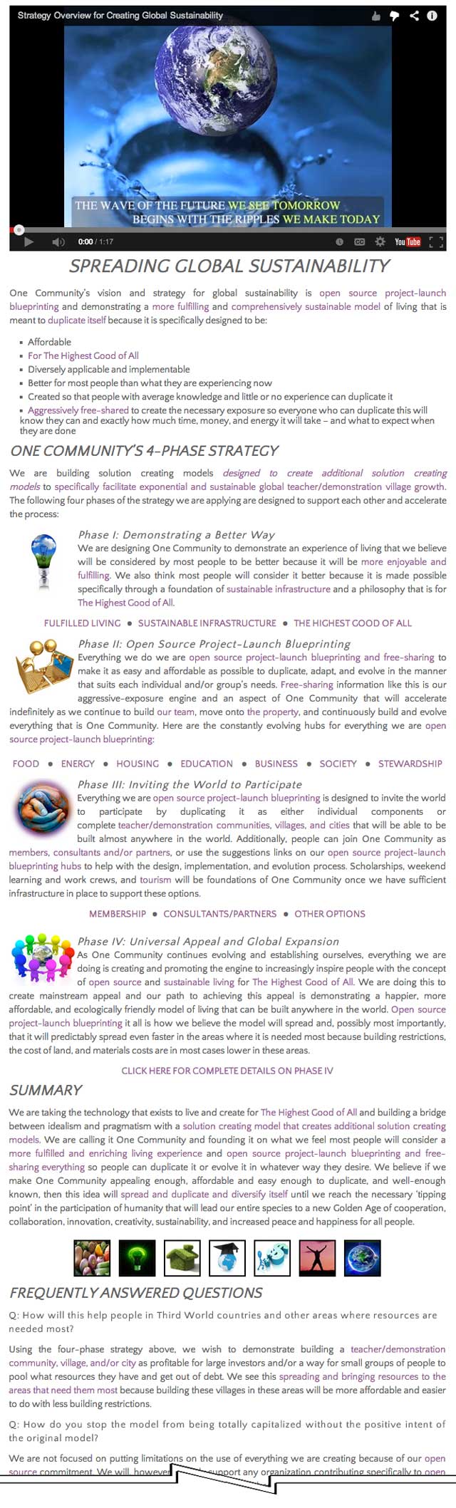 Creating a World that works for everyone, 4-Phases of Global Transformation page and the six foundational human needs page updated, One Community