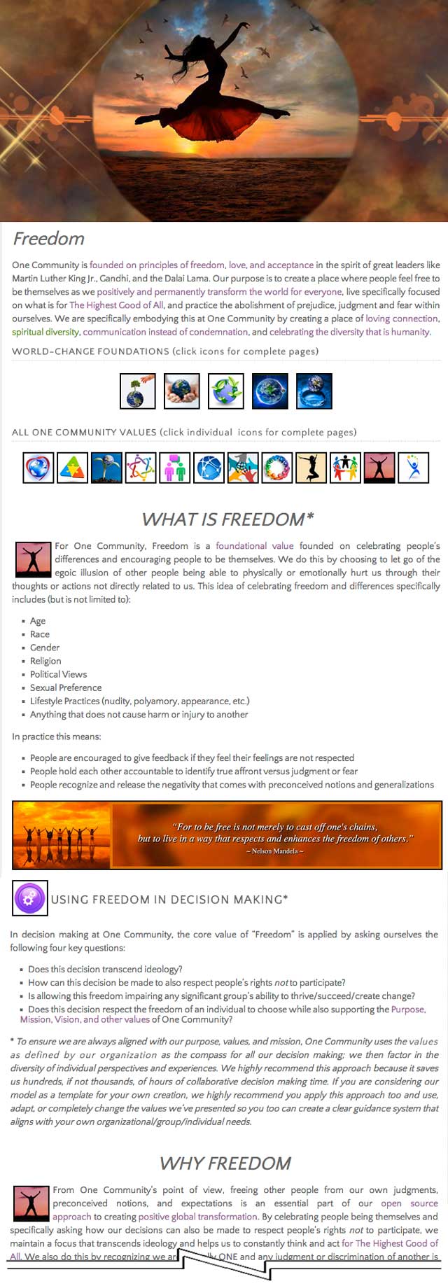 Freedom page, One Community, Sustainable Paradigm Building