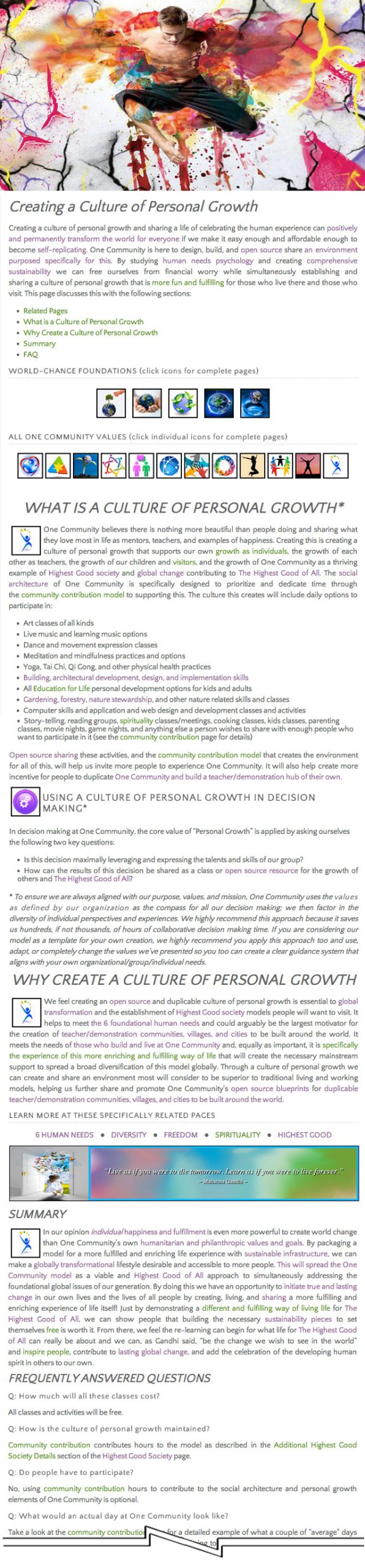 Personal Growth page, One Community, World Game-Changing Solutions