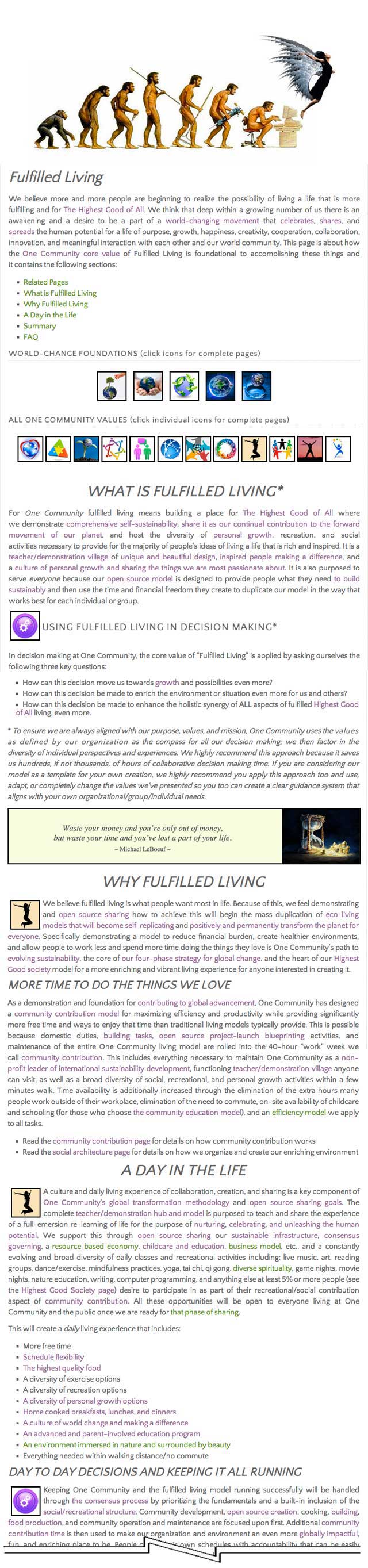Fulfilled living page, One Community