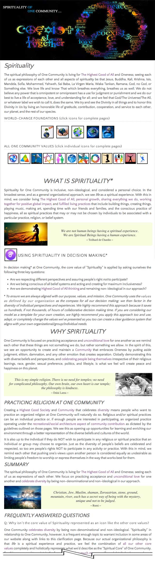 Spirituality page, One Community, Advancing the Standard of Living