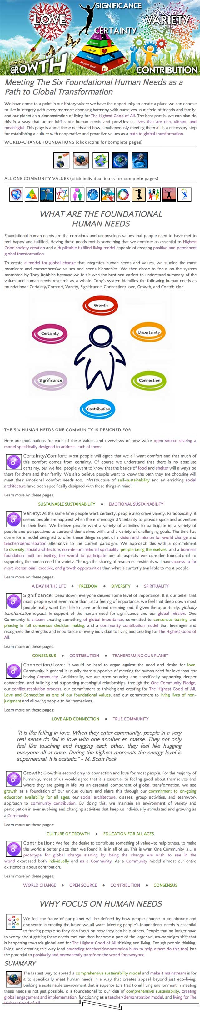 Foundations of Fulfillment page, One Community
