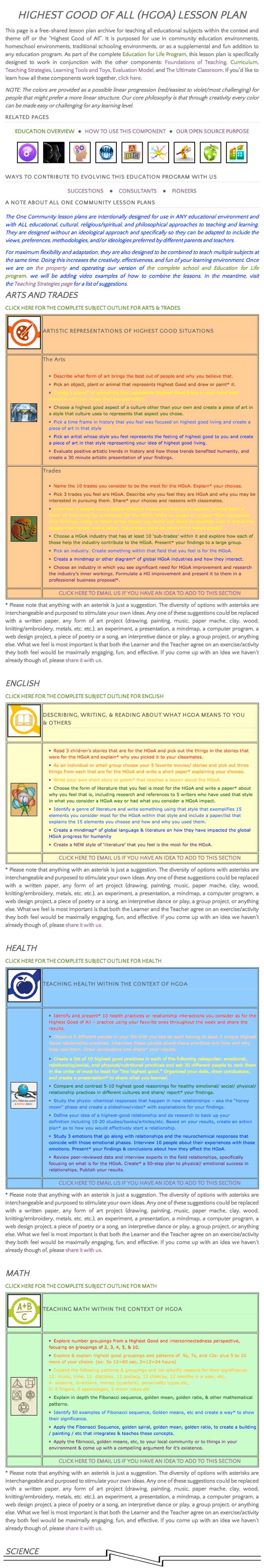 Highest Good of All Lesson Plan Page, One Community