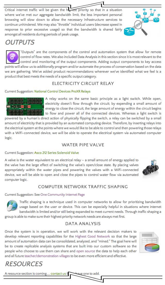 Outputs section of the Control Systems page, One Community