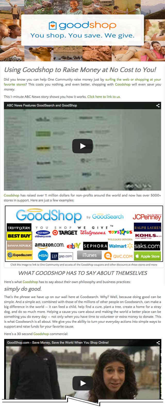 GoodShop page, One Community