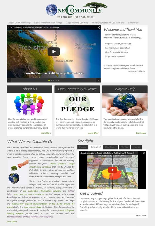Sustainability Non Profit homepage, One Community