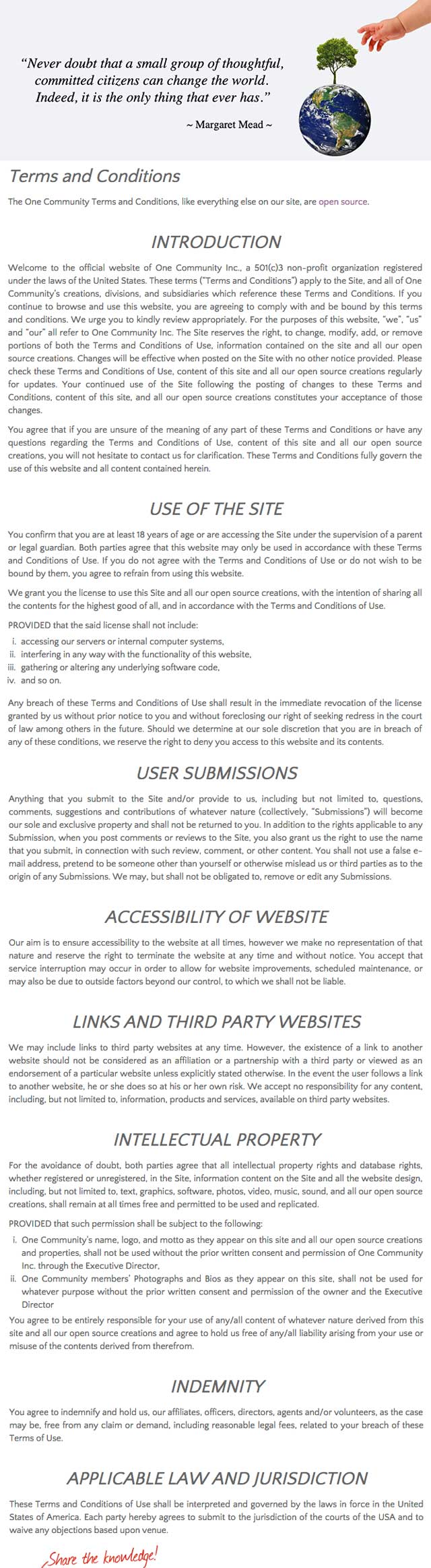 Terms and Conditions Page, One Community