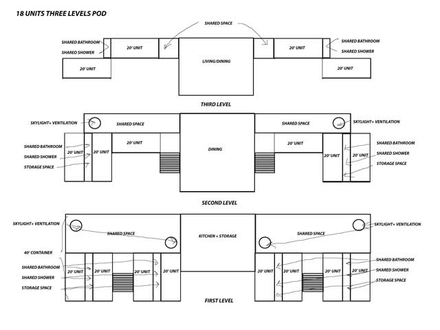 3-floor-plan shipping container design, One Community