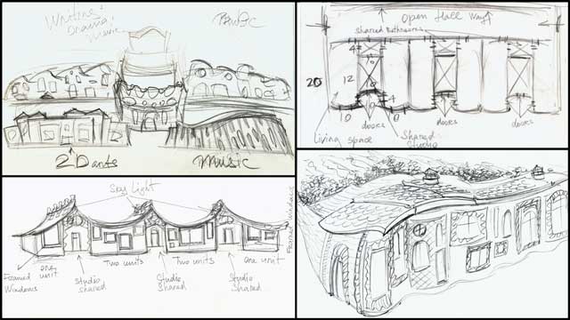Engineering Our Own Green Future, second round of Cob Village (Pod 3) sketches, One Community