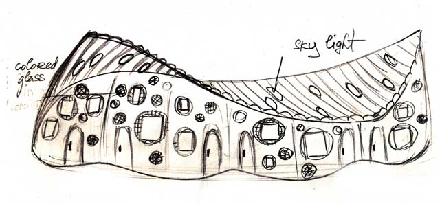 Sustainable Civilization Design and Implementation, drawing of music-inspired communal living structure for cob village, One Community