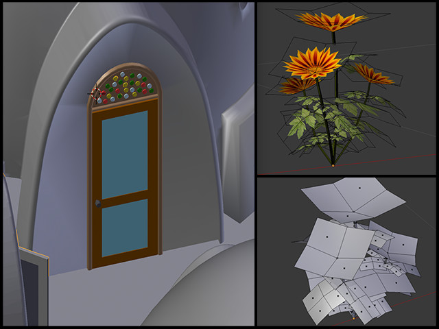 Gilberto, a member of the Graphic Design Intern Team, continued 3D modeling for the Earthbag Village (Pod 1), which included creating the 3D Door from scratch, and flower modeling, which you can see here: