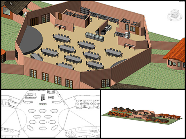 Renata (Civil Engineering Student) continued work on the Central part of the Cob Village (Pod 3). She updated the layout of the kitchen and dining hall and also added textures to the roof and exterior walls to make the model more realistic, One Community
