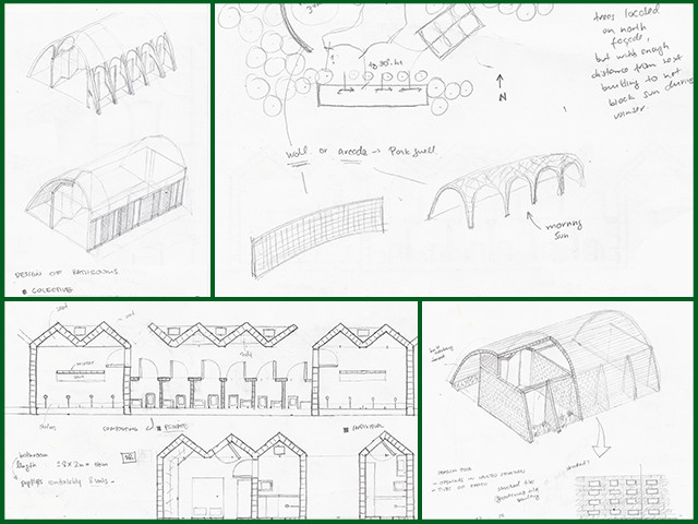 Sarah, another member of the Architecture and Planning Intern Team, created these hand sketches for proposals for the layout and designs for the Earth Block Village (Pod 4).