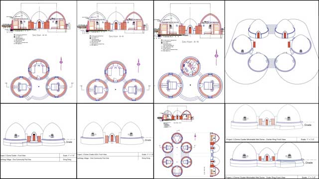 Pragmatic Utopia Creation, 3rd round of elevation and cross section modeling of 3-dome structures in AutoCAD, One Community