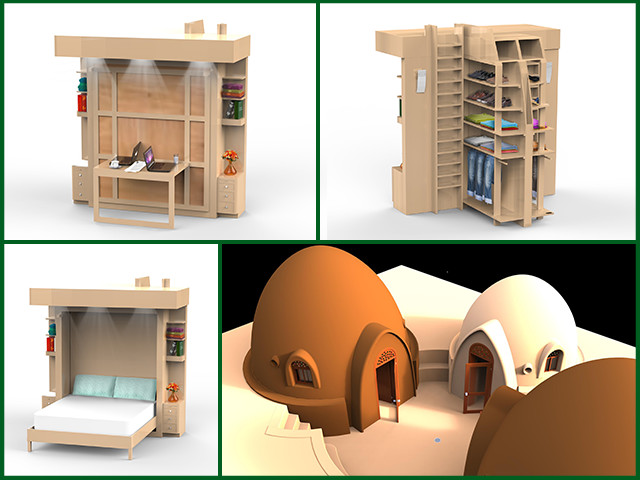 Gabriel finished renders of the Murphy bed and started to create a 3-dome cluster for the for the Earthbag Village.
