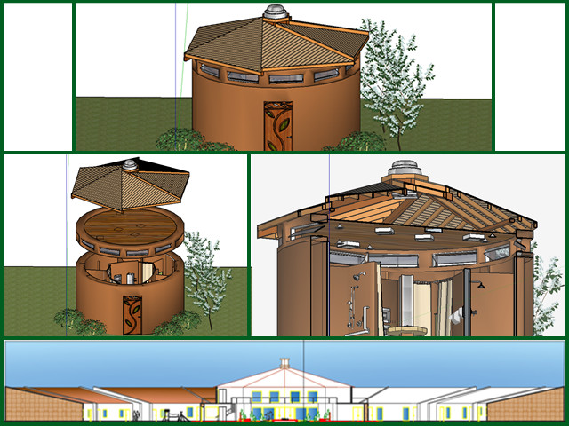 Sayonara (a member of the Architecture and Planning Intern Team) added the wood ceiling, fan, changing room, and other details to the 3D model of the communal shower design for the Earthbag Village (Pod 1). She then worked on the central area and new roof for the second floor of the Straw Bale Village (Pod 2) and rounded the walls on the floor plan to match the circular design of the structure.