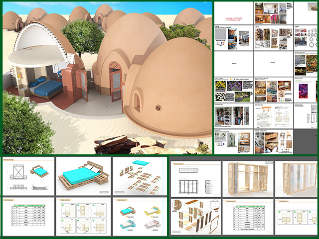 Gabriel, an Industrial Design student on our Graphic Design Intern Team, updated the ambiance in his models of the Earthbag Village and then created additional renders, as you see here. He also continued creating models and components lists of the Duplicable City Center’s pallet furniture with Flávia