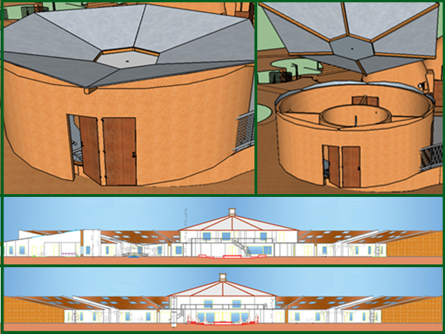 Sayonara (a member of the Architecture and Planning Intern Team) added final details to the 3D model of the communal shower design for the Earthbag Village (Pod 1). She then brought sections 1 and 2 of the section views of the Straw Bale Village (Pod 2) to 99% completion.