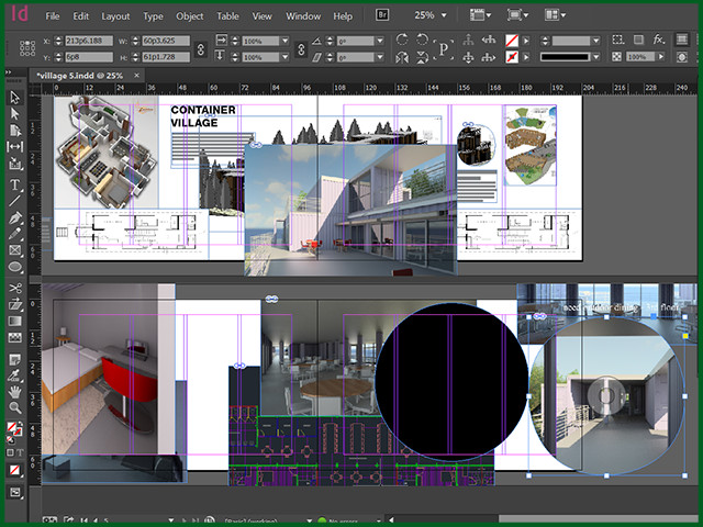Graphic Design Intern Manasses started working on the digital version of the layout for the Shipping Container Village section of the online presentations book he is creating for all seven of One Community’s villages: