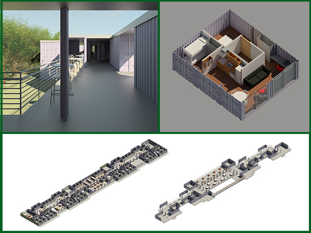 Samantha, a member of the Architecture and Planning Intern Team, re-rendered images of the Shipping Container Village (Pod 5) using REVIT and 3DSMAX, and included an exploded view of each floor. She also modeled and rendered an additional 2-bedroom unit for this village.