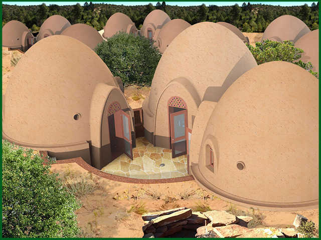 Gabriel, an Industrial Design Intern, worked on finalizing the latest details of the interior and exterior renders of the Earthbag Village. Here is an example of the exterior view: