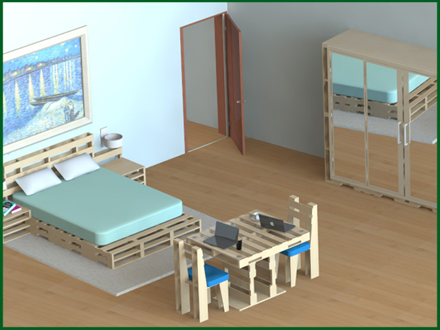 Gabriel began to create a model of an entire bedroom for the Duplicable City Center, containing the pallet furniture he designed with Flávia from the Architecture and Planning Intern Team.