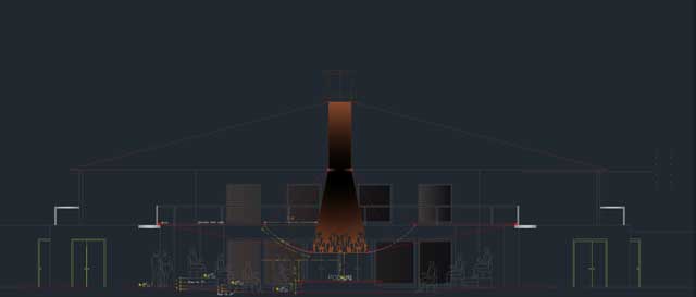 On the Straw Bale Village (Pod 2), we created this AutoCAD update to the aesthetics of what the central foldable chimney will look like.