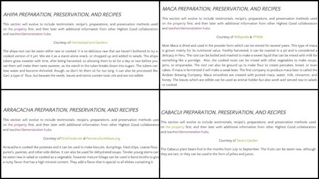 Researched and added preparation information for ahipa, maca, arracacha, and cabacui to their respective sections of our open source Large Scale Gardening Hub, One Community